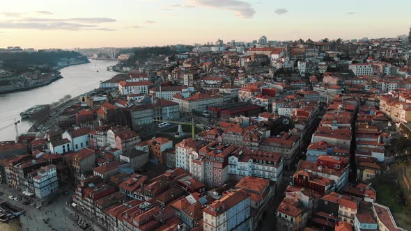 Blue Douro River with Small Ships Divides Old Portugal City