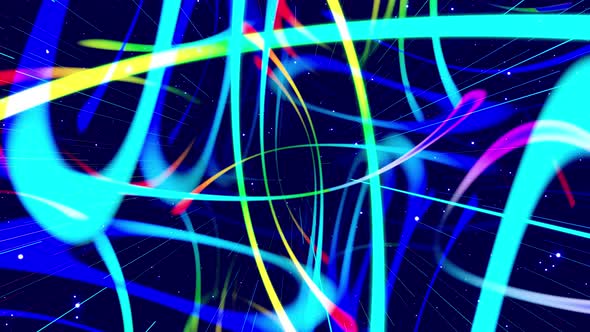 Motion Graphic Camera Fly in Art Space Multilayer Structure with Pattern Glow Particles and Lines