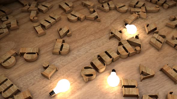 Study Word From Wooden Cubes, Wood Letters Text String on Table With Light Bulbs