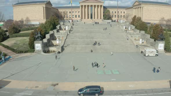Drone Shot Ascending Past Washington Monument and Philadephia Museum of Art