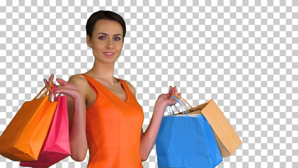 Fashion Young Lady Holding Shopping Bag, Alpha Channel