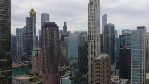 Aerial of skyscrapers in Chicago city