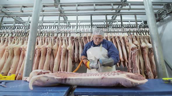 Worker Using an Electric Saw, Cuts Pieces of Pork Meat. Deboning of Pig Meat. Cutting Meat Into