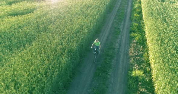 Aerial View on Young Boy, That Rides a Bicycle Thru a Wheat Grass Field on the Old Rural Road