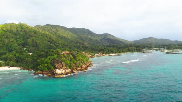 Flying Around Anse Severe Beach at the La Digue Island Seychelles