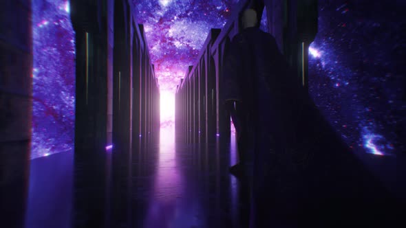 A Man Dressed in Cloth Walking Down a Space Sci Fi Corridor with Neon Lighting