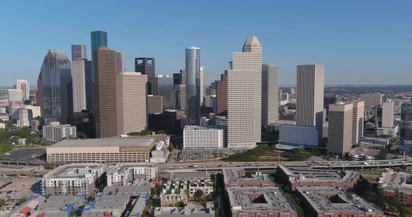 Drone view of downtown Houston skyline. This video was filmed in4k for best image quality.