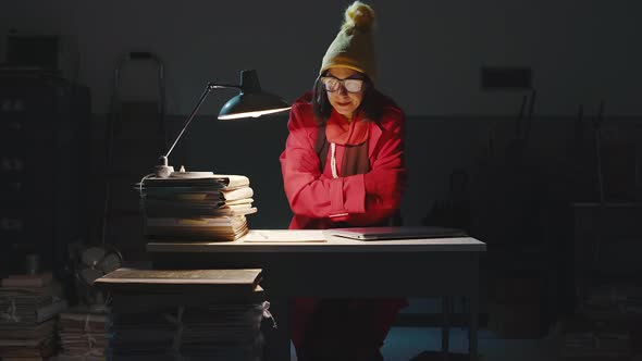 Businesswoman arriving at office on a winter day