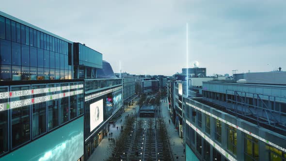 Forwards Fly Above Zeil Shopping Street at Twilight