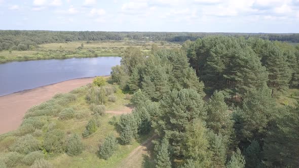 Forest, Wild Beach, Western Dvina River And Fisherman