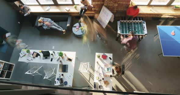 Top View Time Lapse of Company Staff Working in Shared Office on Sunny Day Moving Around