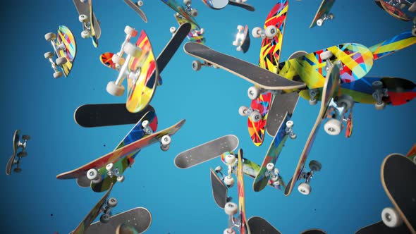 Countless colourful skateboards falling down in an endless looping animation. 4K