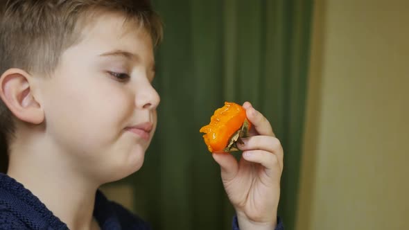 Teenage Boy Bites Off a Juicy Orange Persimmon Closeup