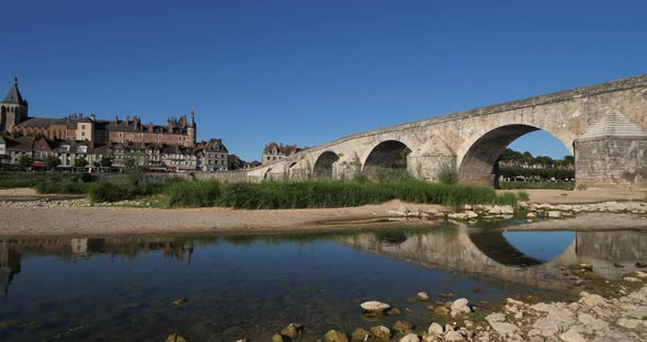 Gien, Loiret department, France. Low water level in the Loire river during a dryness season.