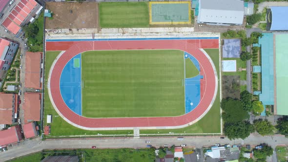 Aerial view new Stadium Top down from Drone view Green Football soccer field Aerial footage Drone