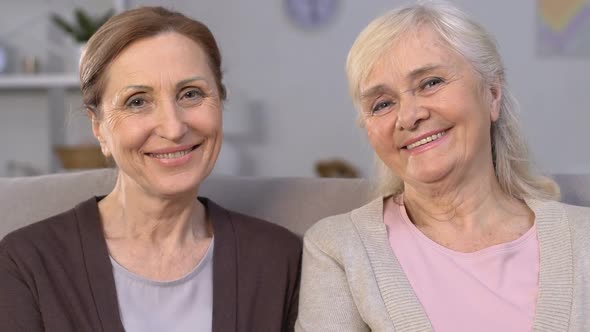 Cheerful Aged Women Smiling at Camera, Dental Implants, Healthy Teeth, Care