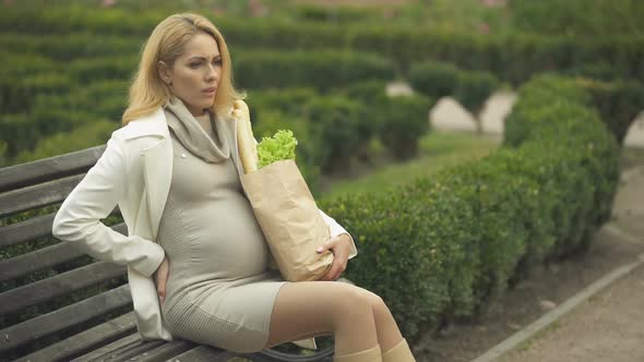 Blond Expecting Lady Resting Bench Holding Grocery Bag