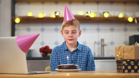 Cute Preteen Boy Celebrating Birthday Online in Quarantine Time
