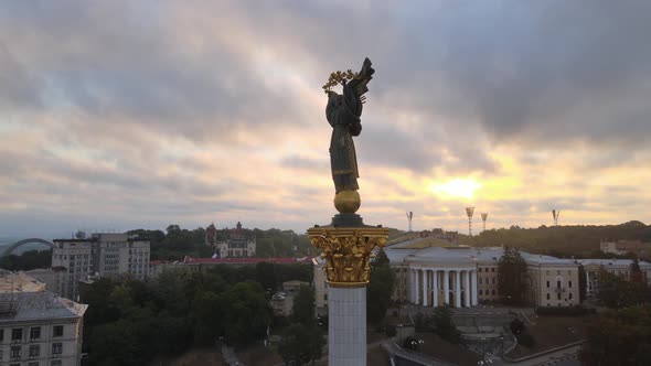 Monument on Independence Square in Kyiv at Dawn. Aerial View