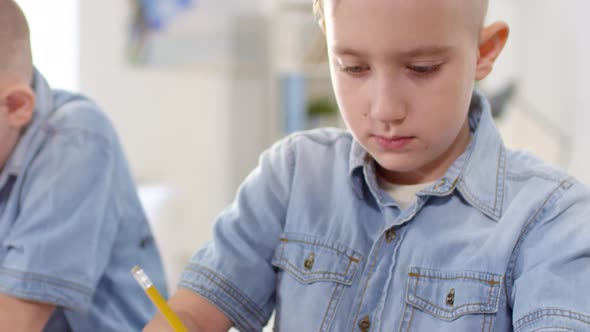 Caucasian Twins Drawing Pictures in Copybooks alt
