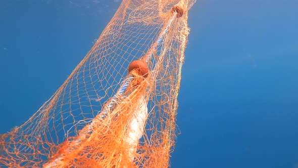 Caught Fish in Net Hanging From Boat Under Sea