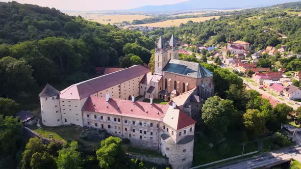 Aerial view of the Hronsky Benadik monastery in the village of Hronsky Benadik in Slovakia