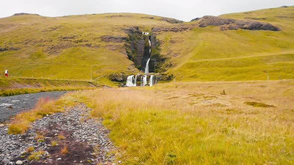 Drone Aerial View Of Beautiful Cascade Gluggafoss Waterfall In Southern Iceland.