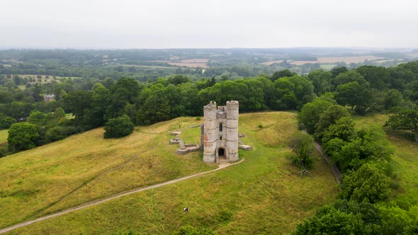 Donnington Castle and verdant surrounding landscape. Berkshire county, England. Aerial view