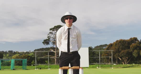 Cricket umpire making signs standing on a cricket pitch