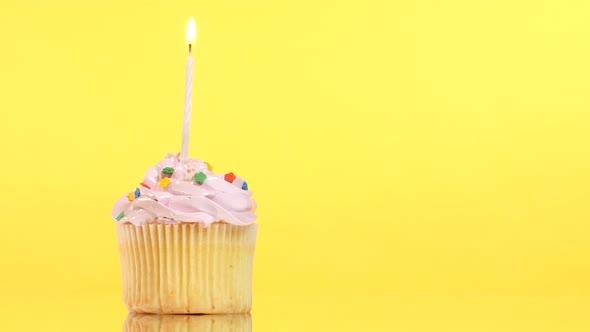 Tasty Birthday Cupcake with One Candle, on Yellow Background