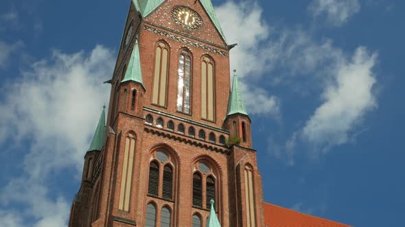 Aug 2020, Schwerin, Germany: View of the tall tower of Schwerin Lutheran Cathedral
