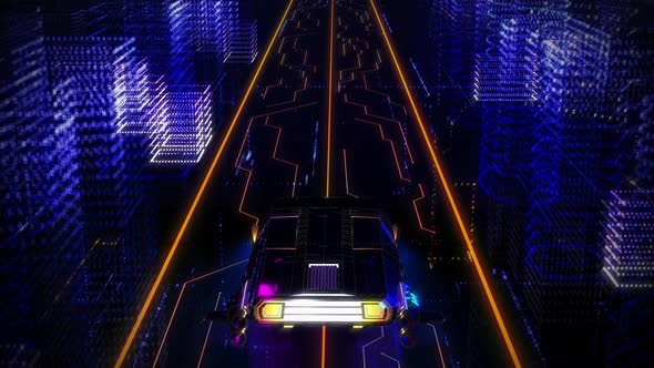 Futuristic Car Driving Through a Virtual City. Computer Graphics. Video Game