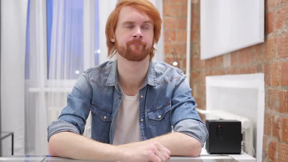 Portrait of Redhead Beard Man Shaking Head to Reject Deny Indoor