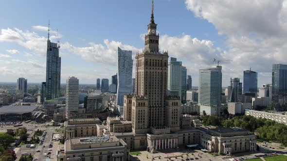 Aerial view of Palace of Culture and Science in Warsaw city, capital of Poland