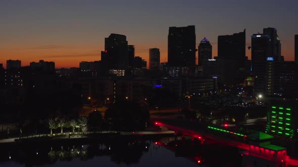 Downtown Tampa at dawn viewed from the Riverwalk