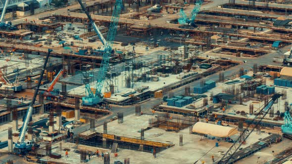 Time Lapse of Construction Site with Heavy Construction Machinery in Metropolis