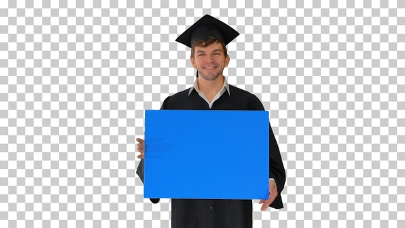 Smiling graduate male in mortarboard holding, Alpha Channel