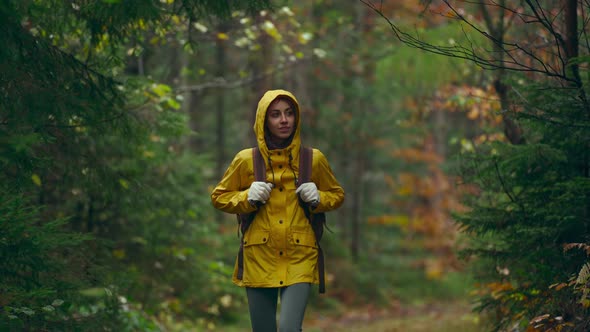 Woman in Eyllow Rain Coat Jacket Walking Outdoors with Backpack Into the Wild Forest By Trail Hiking