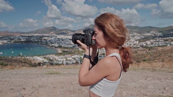 Female Photographer, Taking Pictures of Mountain Landscape at Sunset