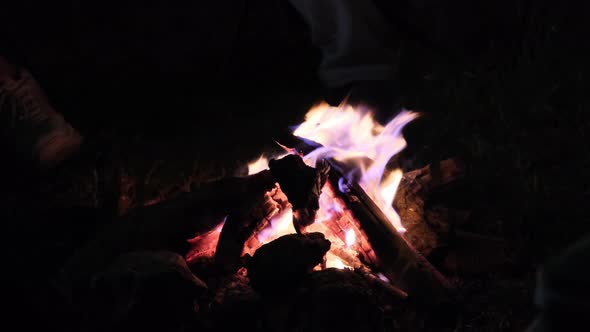 Bonfire with sparks in the forest at the night. campfire.