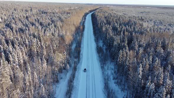 Aerial View From a Drone of a Road in the Middle of Snowcovered Trees and Snowcovered Forest on a