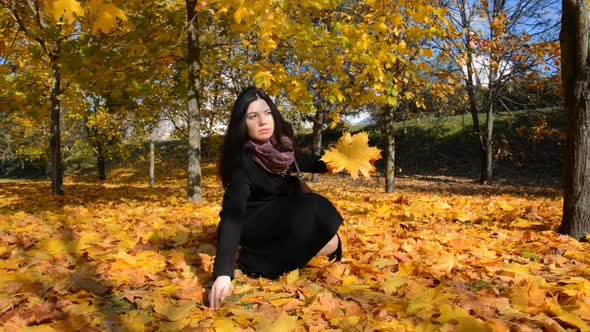 Beautiful Happy Young Girl Playing in the Autumn Park Collects Fallen Yellow Leaves