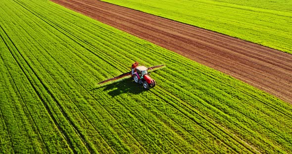 Tractor on field spraying crop with pesticides