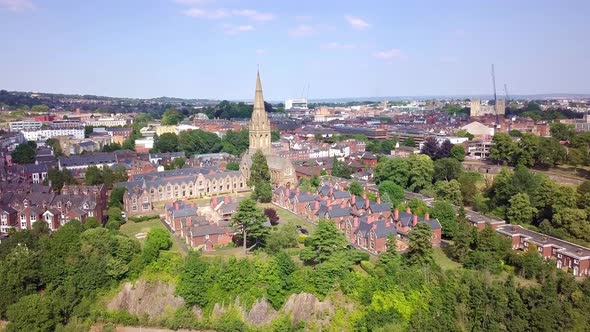 Flying toward St Leonards church in Exeter, England, Aerial Push