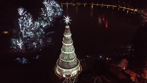 Night aerial view of illuminated Christmas Tree at Ibirapuera park Sao Paulo.