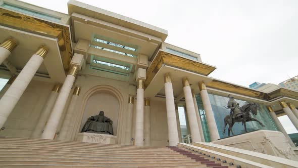 Mongolian Parliament Building and Statue of Genghis Khan in Ulaanbaatar Square Capital of Mongolia