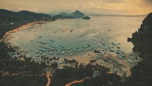 Ocean Harbor at Sun Light Aerial Ships Boats Yachts at Tropical Cityscape