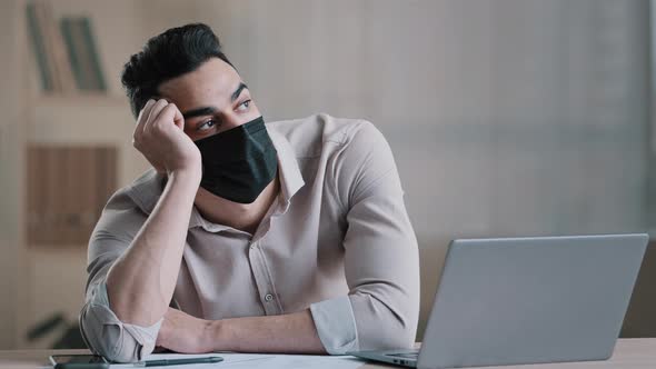 Bored Sad Hispanic Worker Young Business Man in Medical Mask Tired Unmotivated Employee