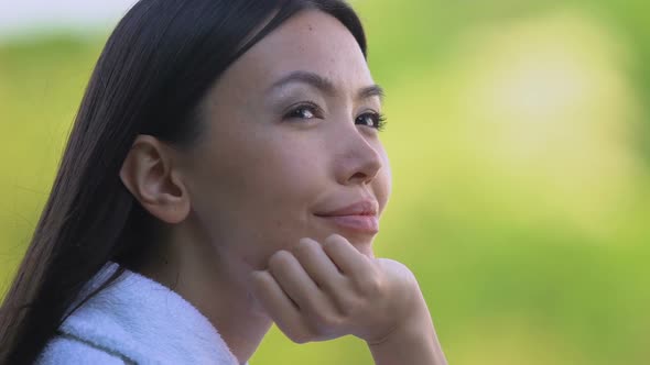 Inspired Woman in Bathrobe Enjoying Fresh Air of Mountain Resort, Rest Time