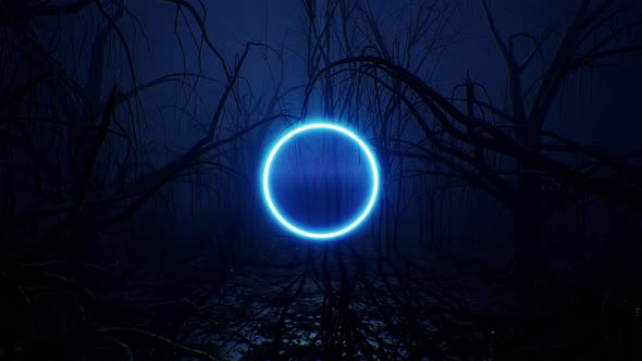 Glowing Blue Neon Circle Light In The Dark Forest 4K